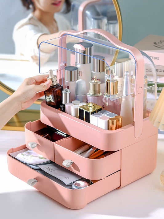 Dustproof makeup storage box in pink with organized skincare and cosmetics, featuring a stylish and practical design.